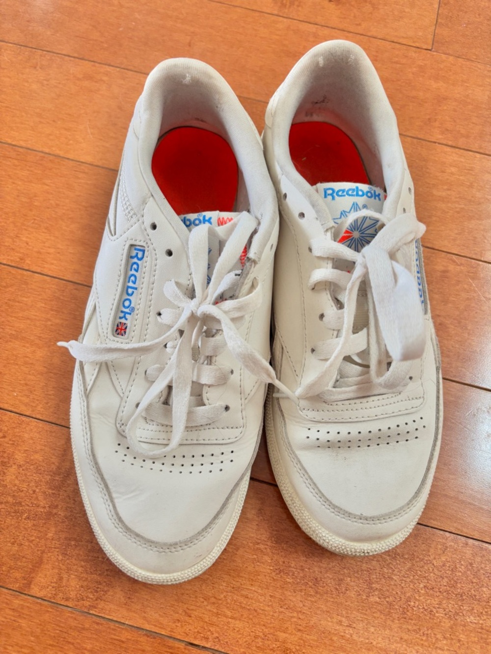 Reebok White Leather Sneakers with Blue and Red Accents